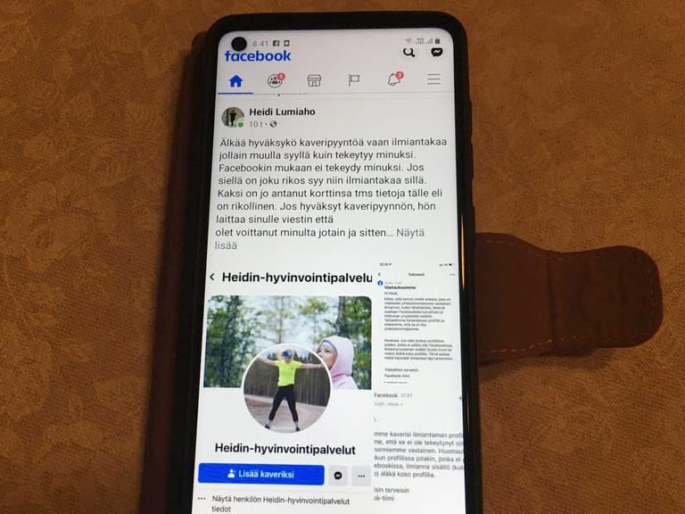 Kuvassa on Heidin hyvinvointipalveluiden Facebook-sivuista tehty valeprofiili. Heidin yritysnimessä ei ole väliviivaa.