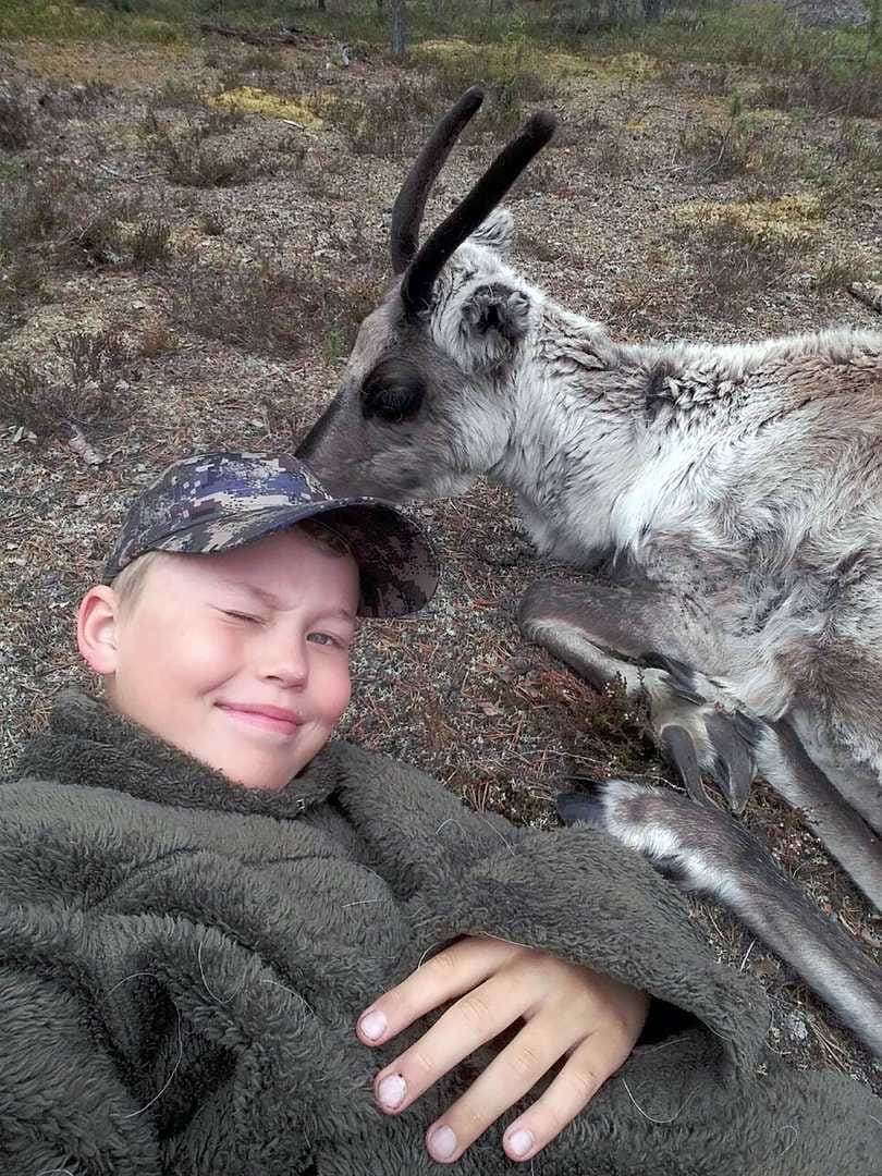 Päivälevolla jokivarressa. Mico Kumpula otti selfien poron kanssa juhannuspäivänä Savukoskella.