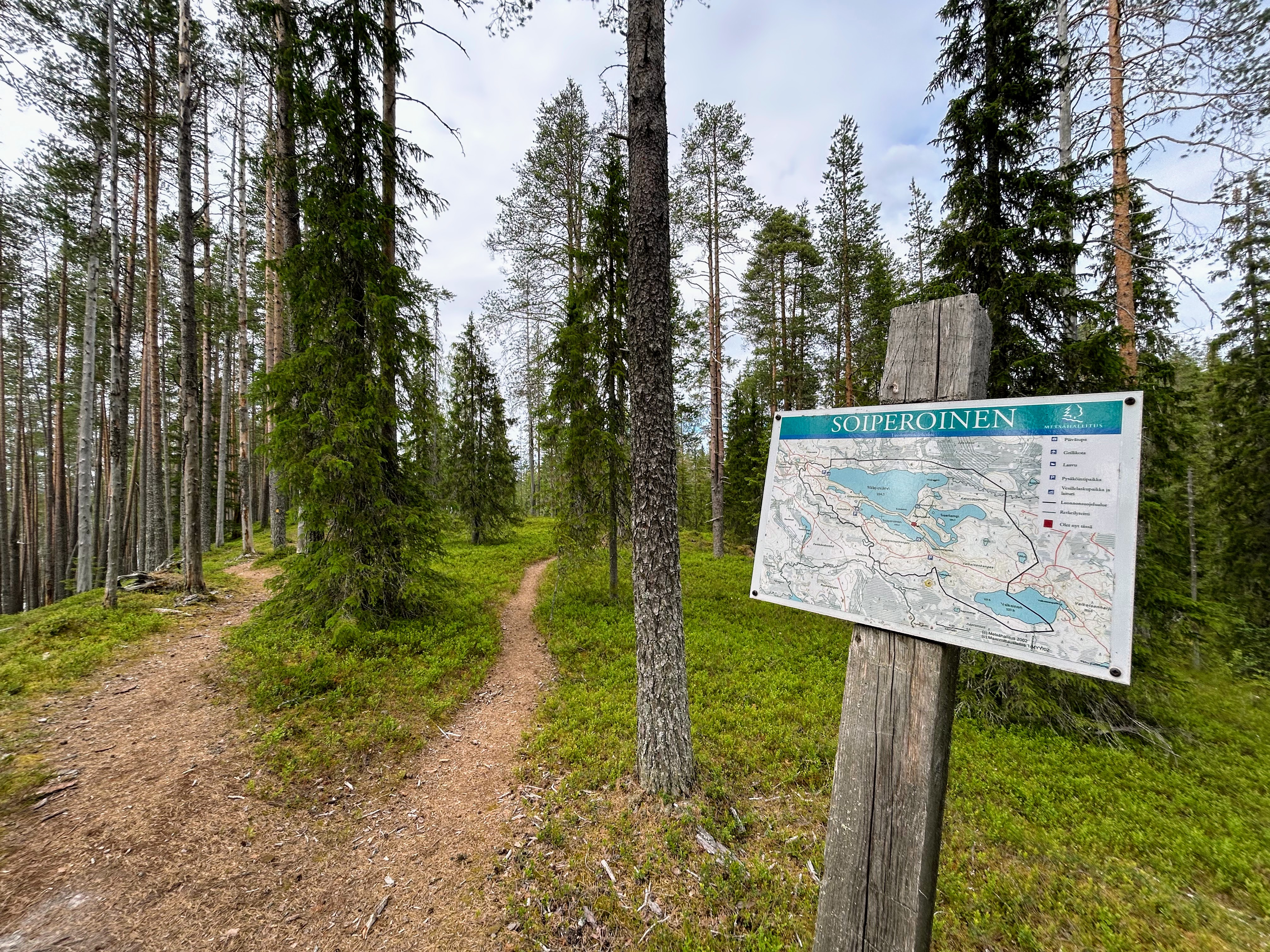 Reitin varrella on säännöllisesti myös opaskylttejä. Tässä kohtaa polku haarautuu Poronmyhkyrän lenkille, joka tekee sille noin kilometrin lisää pituutta.