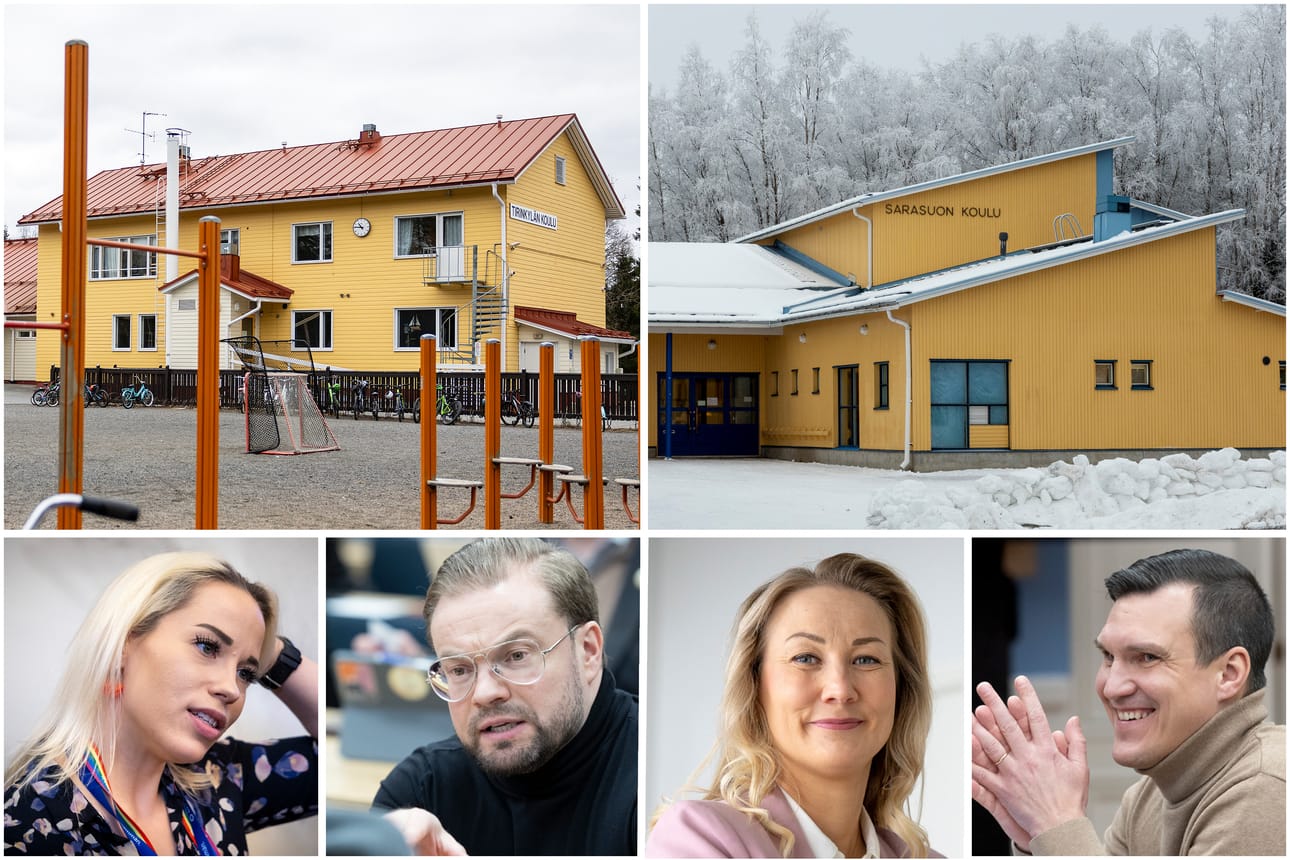 Lakkautuslistalla olevien koulujen joukkoon kuuluvat muun muassa ylhäällä vasemmalla oleva Kontion koulun Tirinkylän yksikkö ja Oulunlahden koulun Sarasuon yksikkö. Valtuustoryhmien puheenjohtajia vasemmalta: Susa Vikeväkorva, vihreät, Jukka Huotari, perussuomalaiset, Susanna Kisner, kokoomus ja Joni Meriläinen, sosiaalidemokraatit.