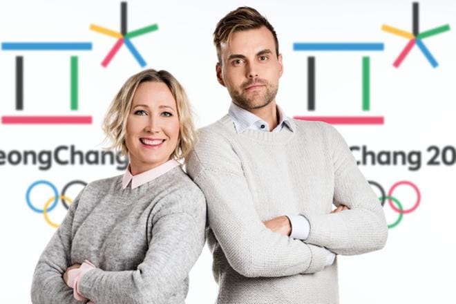 Ylen urheilutoimittajat Inka Henelius ja Manu Myllyaho käynnistävät lähtölaskennan Pyeongchangin talvikisoihin lähetyksessä, joka nähdään tänään TV2:ssa suorana klo 12 ja koosteena klo 18. KUVA: Yle Kuvapalvelu