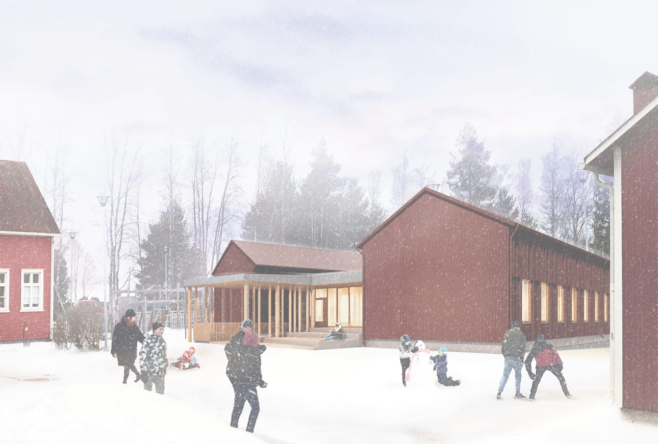 Tältä uusi Lumijoen koulurakennus näyttänee valmistuessaan. Tosin hirsiseinät verhoillaan vasta muutaman vuoden kuluttua, kun rakennuksen luonnollinen painuminen on tapahtunut. Rakennuksen muotokieli sopii hyvin olemassa olevien koulurakennusten sekaan.
