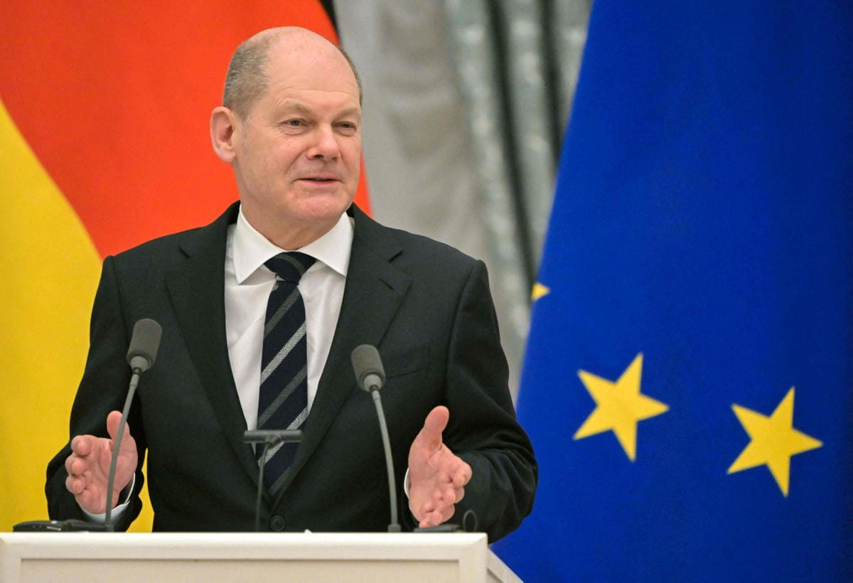 Saksan liittokansleri Olaf Scholz tapasi Venäjän presidentti Vladimir Putinin Moskovassa tiistaina. LEHTIKUVA/AFP