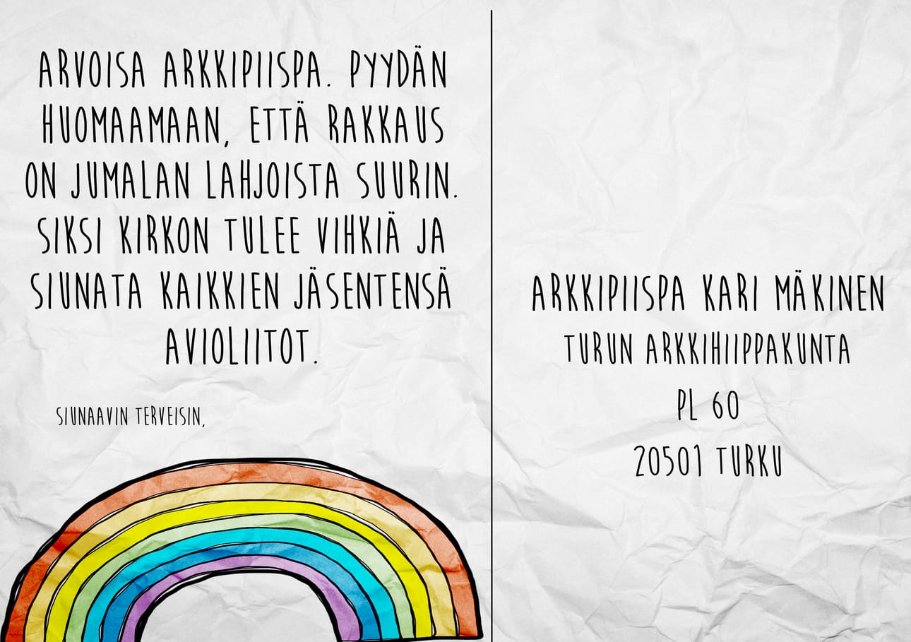 Facebook-ryhmässä jaetaan postikorttipohjia, joita seurakuntalaisten toivotaan lähettävän evankelis-luterilaisen kirkon piispoille.