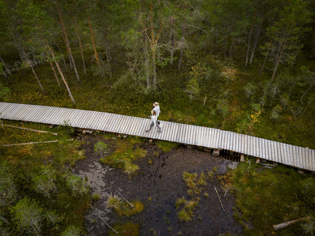 Paukanevan reitit ovat suosittuja ulkoilijoiden keskuudessa. Kuvassa Niina Latvala ja Vilhelmiina Latvala kävelemässä esteetöntä osuutta pitkin.