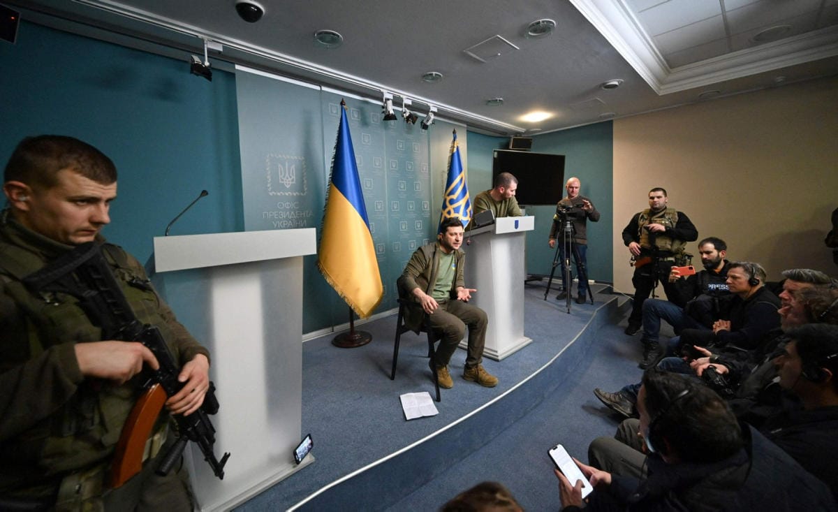 Ukrainan presidentti Volodymyr Zelenskyi puhui tiedotustilaisuudessa torstaina. LEHTIKUVA/AFP