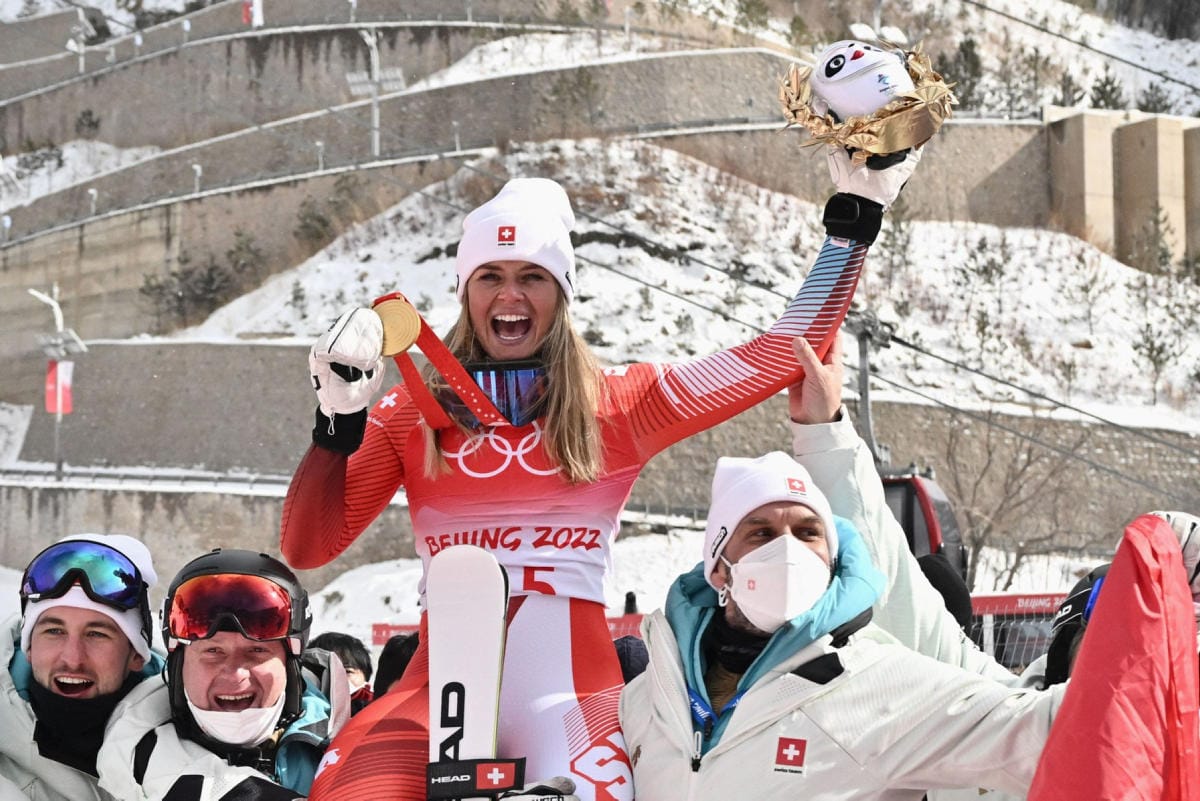 Suter kellotti naisten syöksylaskussa ajan 1.31,87. Lehtikuva/AFP