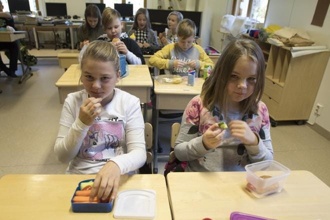 Etupulpetissa istuneet Pinja Salo (vas.) ja Lilli Komulainen nauttivat eväitään Alaviitalan koulussa maanantaina. Opinahjo sijaitsee Seinäjoen ja Peräseinäjoen puolivälissä. KUVA: JARI KARJANMAA