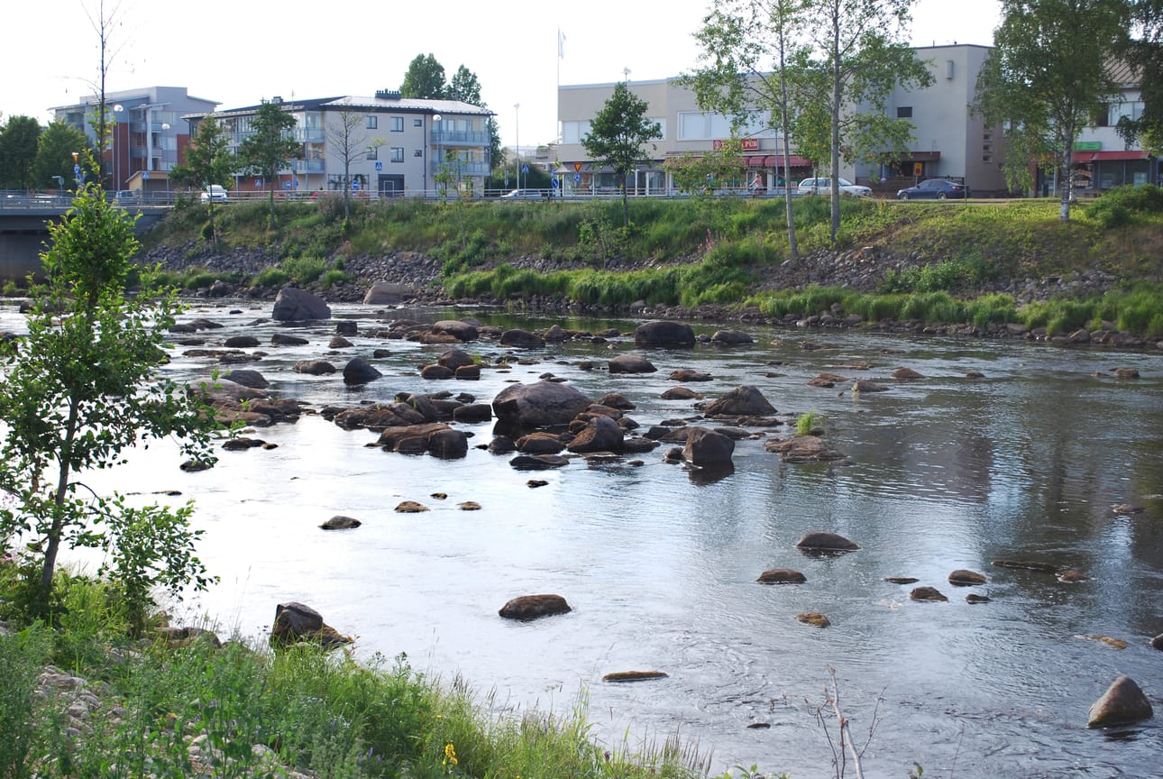 Vähäsateisuus näkyy jokiveden määrässä. Kuva Oulaisten keskustan kohdalta.