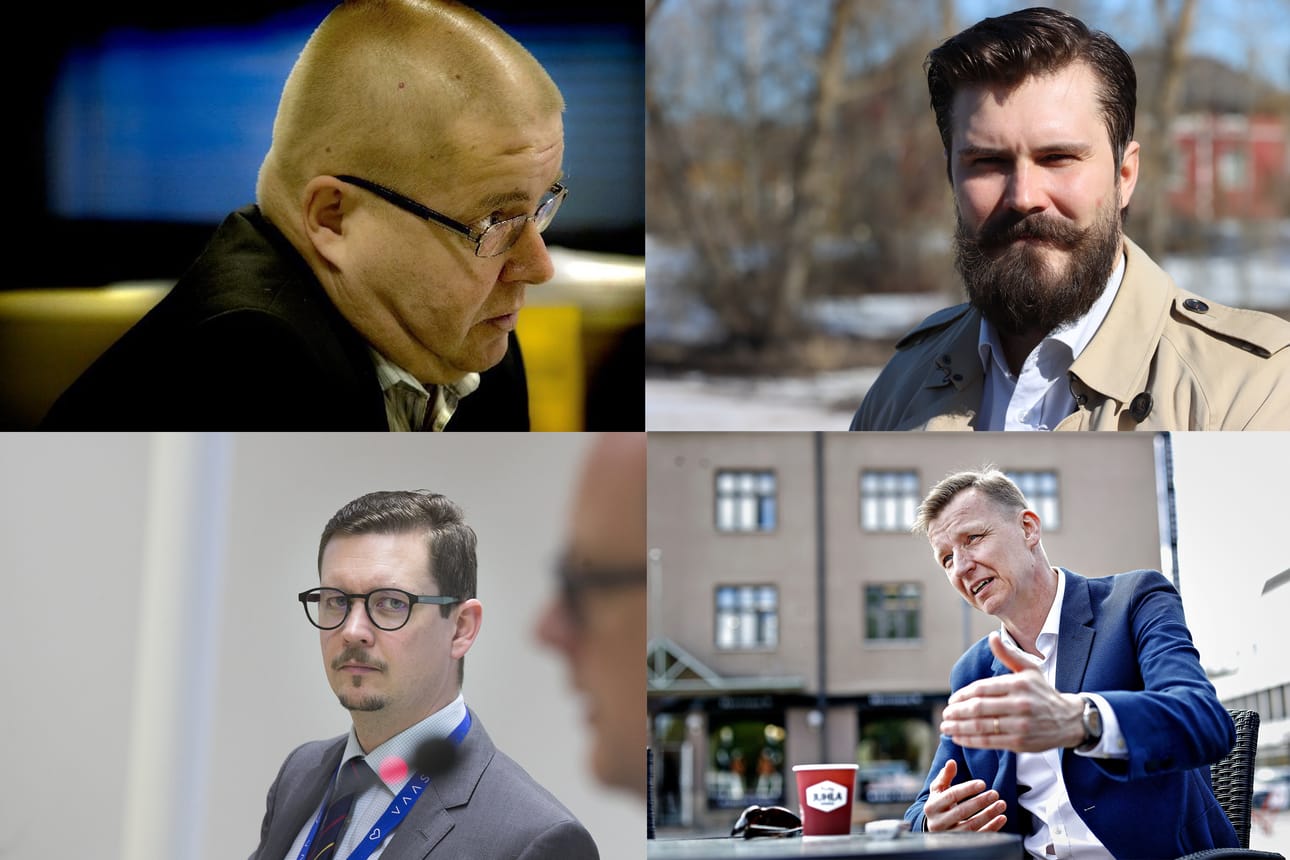 Jukka Girén Laihialta, Sam Leijonanmieli Vimpelistä, Jari Karjalainen Vaasasta ja Mika Itänen Seinäjoelta pohtivat kuntarahoituksen tulevaisuuden kiemuroita. Arkistokuva.