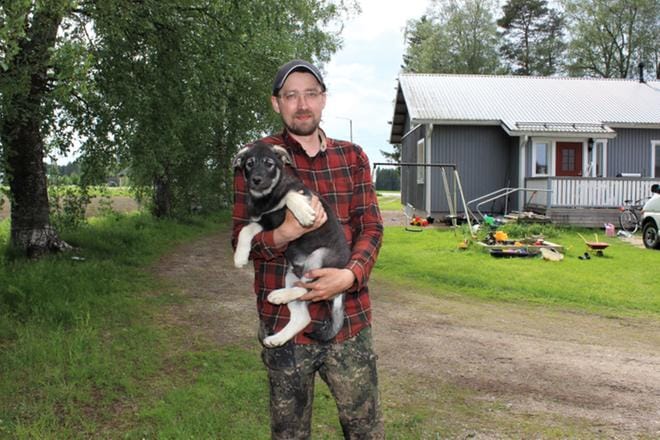 Isojoella valtavan äänisaaliin haalinut Tuomas Ahola (ps.) kokee metsästyksen ja kalastuksen elämäntavakseen. Politiikka menee harrastuksen lokeroon, ainakin vielä. Kuvassa Aholan ystäviensä kanssa kimppaan hankkimat jämtlänninpystykorvan pennut, joista tulee kovia karhukoiria isoina. KUVA: LOTTA KALLIO