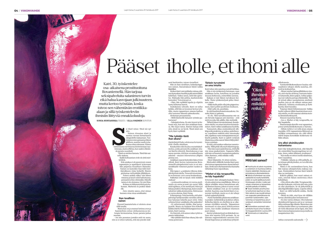 Palkittu juttu lappilaisesta prostituoidusta julkaistiin Lapin Kansan viikonvaihdenumerossa 27.7.2017.
