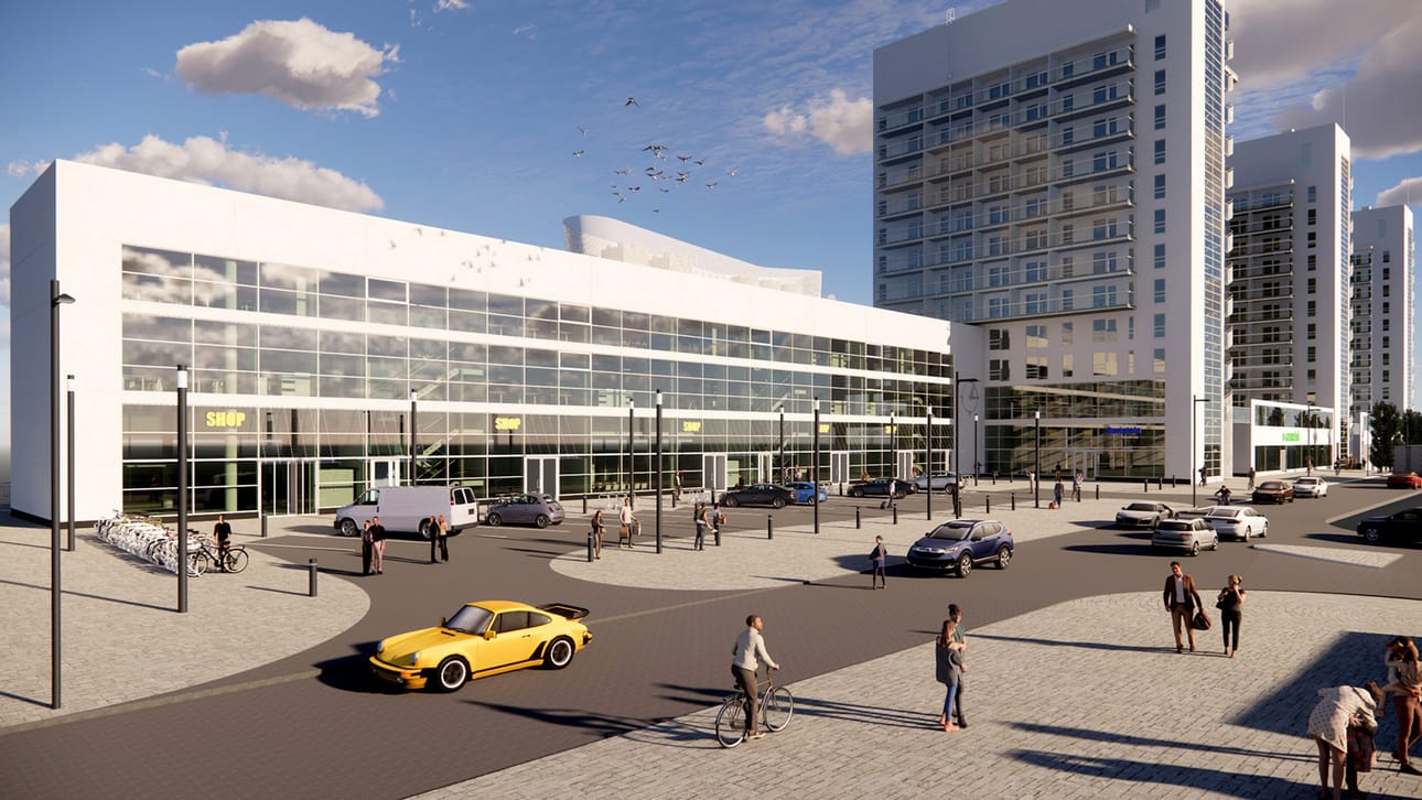 Toimisto- ja liikerakennus Business Station yltää pohjoispäässä asematunnelin kohdalle.
