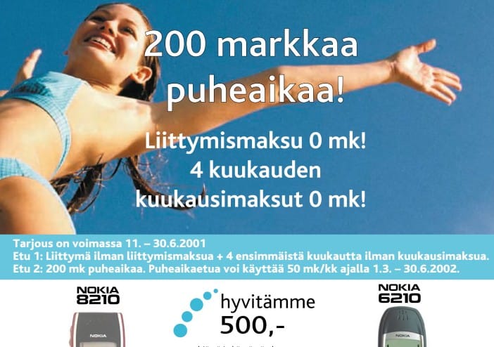 Matkapuhelinten perusmallit yleistyivät nopeasti lasten käytössä vuosituhannen taitteessa noin 25 vuotta sitten. Teleoperaattori vetosi mainoksessaan Kalevassa nuoriin kesällä 2001 ja tarjosi muun muassa ilmaista puheaikaa.