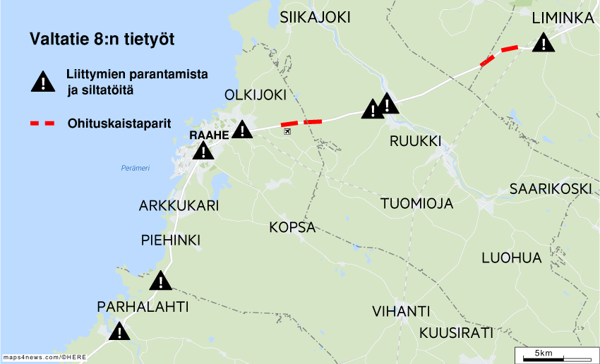 Tietyöt Limingan ja Raahen välillä.