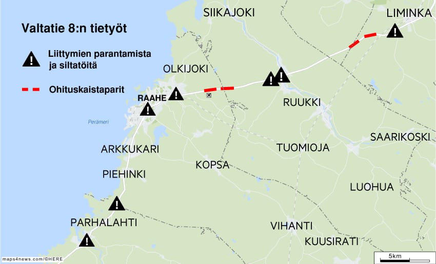 Tietyöt Limingan ja Raahen välillä.