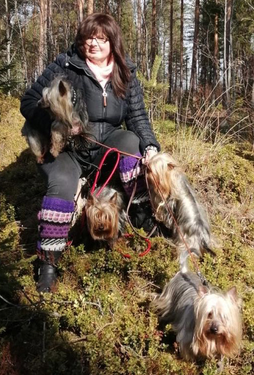 Tuula Tervo pohtii silkkiterrierien Nellan, Leyan, Nean ja Leevin ympäröimänä, että kaikille lemmikeille pitäisi olla varahoitaja omistajan sairastumisen tai kuoleman varalle.