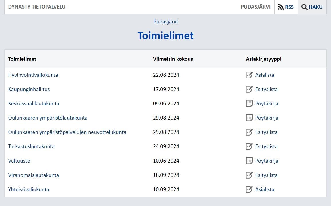 Dynasty-tietojärjestelmään tallennettuja pöytäkirjoja ja esityslistoja pääsee tarkastelemaan Pudasjärven kaupungin verkkosivujen kautta.