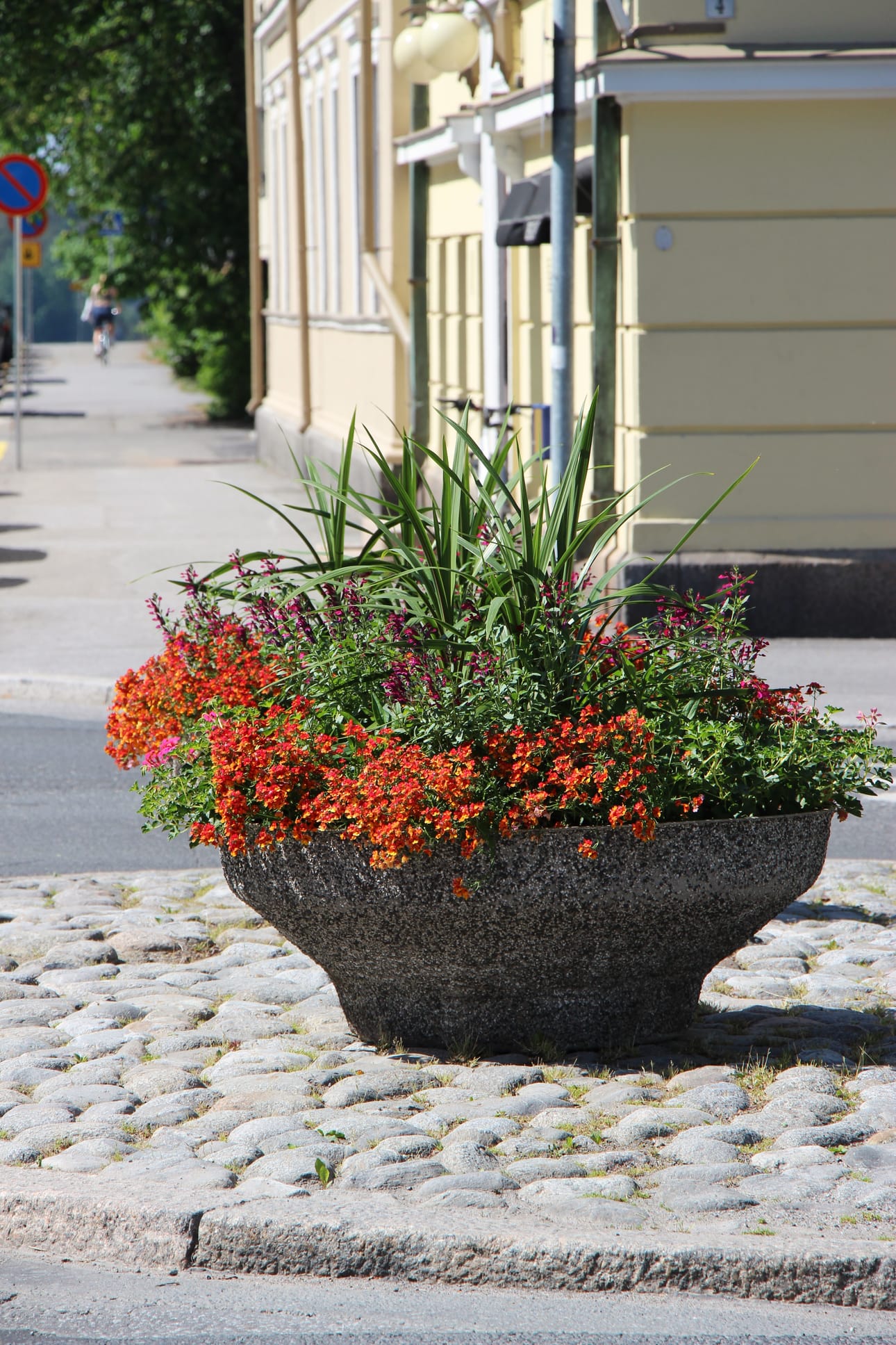 Kirkkopuistikon ja Museokadun risteyksen kukka-astia pursuaa väriä.