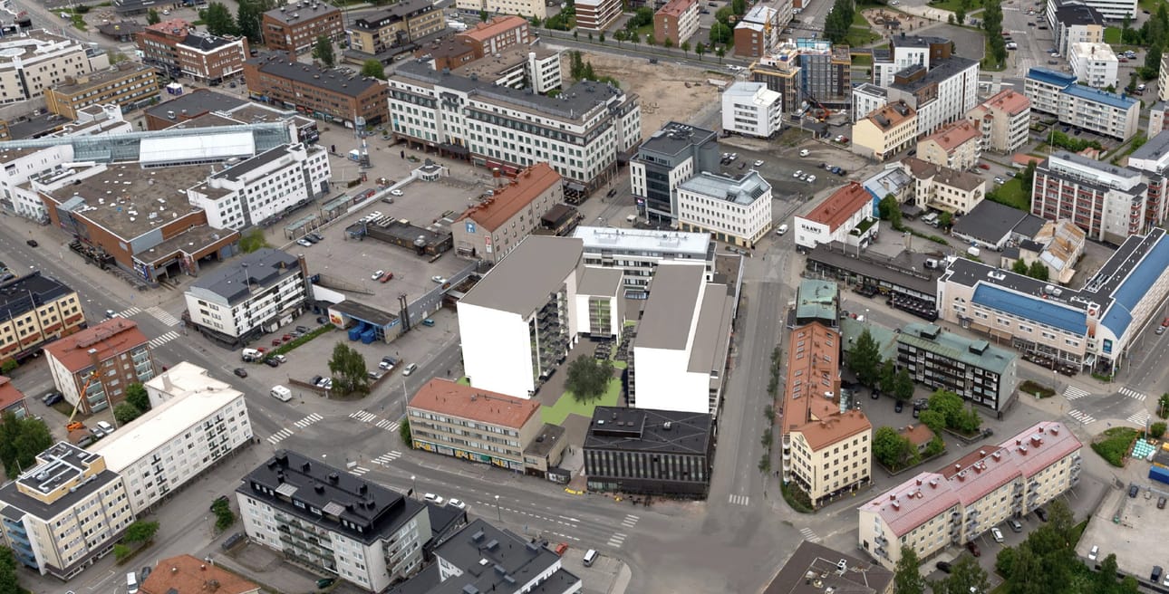 Polarin tontti sijaitsee keskeisellä paikalla Rovaniemellä. Havainnekuvassa tontille suunnitellut uudisrakennukset on sijoitettu muutaman vuoden takaiseen ilmakuvaan.