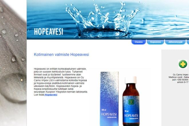 Terveyden ja hyvinvoinnin laitos varoittaa hopeaveden sisäisestä käytöstä. Hopeavettä markkinoidaan useilla eri tuotemerkeillä. Kuvakaappaus hopeavesi.fi-sivustolta. KUVA: Lännen Media