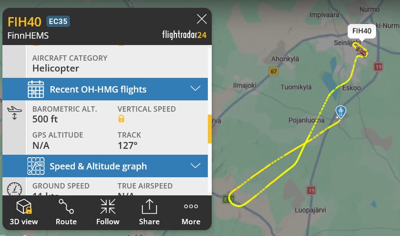 Lukija ihmettelee, miksi Flightradar-sivustolla näkyvä FinnHEMS-helikopteri lentää Seinäjoella usein alle 200 metrin korkeudessa.