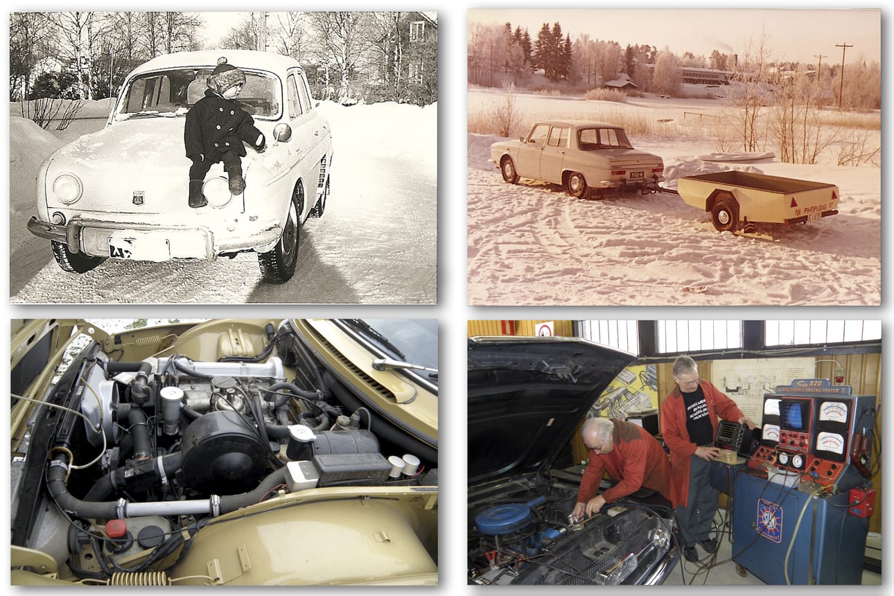 Vas. ylh. Renault Dauphine, RelluXCK-38. Muoto ja moottorin ääni imaisivat. Oik. ylh. Renault10 ja kärry. Vas. alh. Saab 99 Moottori. Suomessa valmistettu auto, jossa englantilainen Triump-moottori ja saksalaiset sähkölaitteet. Nykyautonvalmistusta jo silloin 1972. Oik. alh. Reino Turpeinen ja Raimo Kinnunen huoltamassa vuoden 1964 Ford Mustangia.