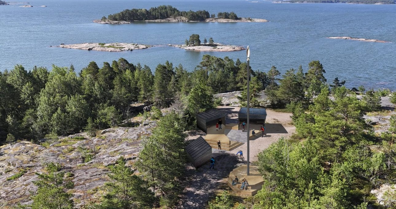 Havainnekuvassa Kopparnäsin taukopaikka, johon on tulossa aurinko- ja tuulivoimalla toimiva sähkögrilli.