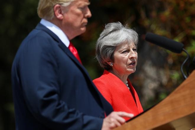 Presidentti Donald Trump piti lehdistötilaisuuden yhdessä Britannian pääministeri Theresa Mayn kanssa. KUVA: CHRIS RATCLIFFE / POOL/EPA