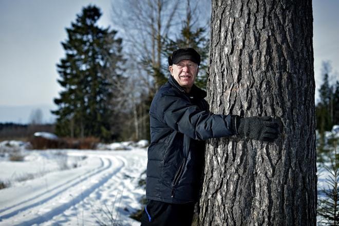 Reijo Hedman syleilee rauhoitettua ikimäntyään Isossakyrössä. Taustalla näkyy myös suojelluksi tullut kuusijätti. KUVAT: TOMI KOSONEN