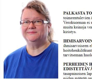 SDP:n Sari Halosen kirjoitukset Kuusamoon liittyvässä Facebook-ryhmässä ovat nostattaneet voimakkaita reaktioita. Kuvakaappaus Halosen kotisivulta.