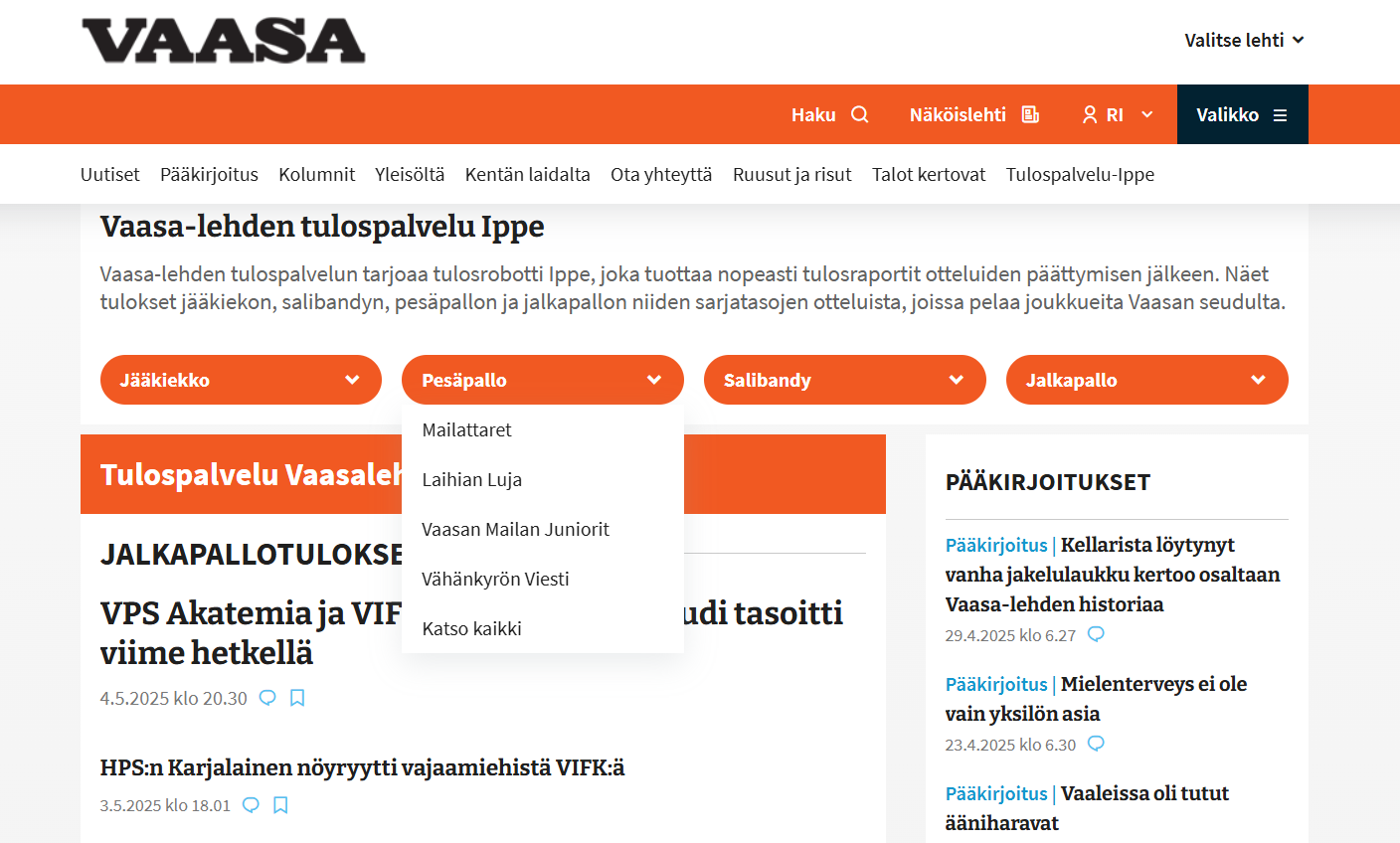 Vaasa-lehden tulospalvelu raportoi alueen urheilujoukkuiden tuloksia ja tilastoja