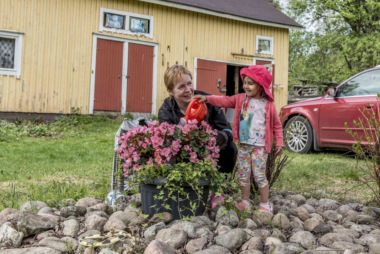 Aada ja mummi. Aada auttoi mummia kesäkukkien istutuksessa.