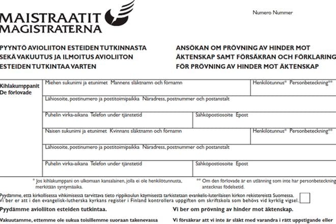 Maistraattien avioliittojen esteiden tutkintaa pyytävässä lomakkeessa kysyttiin vielä keskiviikkoaamupäivänä miehen ja naisen tietoja. Maaliskuun 1. päivänä voimaan tullut lakimuutos teki avioliitosta sukupuolineutraalin. KUVA: suomi.fi-sivusto