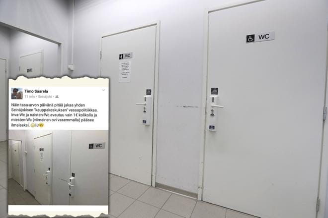 Somepäivitys kauppakeskuksen naistenvessasta herätti hilpeyttä. Seinäjokelaisessa kauppakeskuksessa naistenvessan ja invavessan käytöstä joutuu maksamaan euron, miestenvessassa tarpeensa voi suorittaa ilmaiseksi.