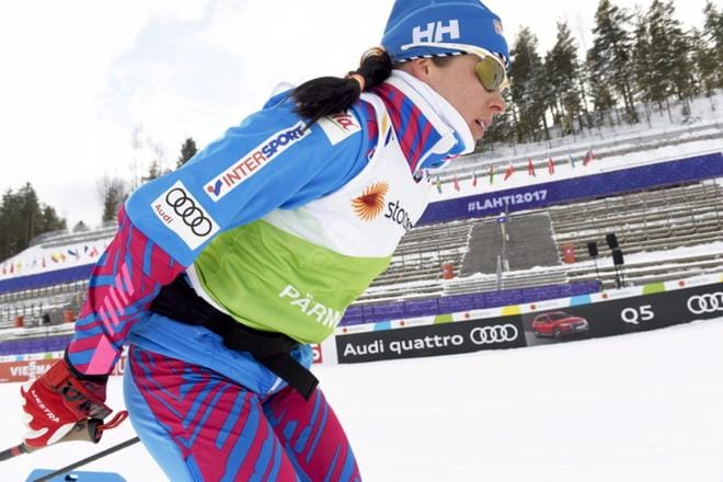 Krista Pärmäkoski jahtaa tänään perinteisen hiihtotyylin 10 kilometrin MM-kultaa. LEHTIKUVA / MARTTI KAINULAINEN