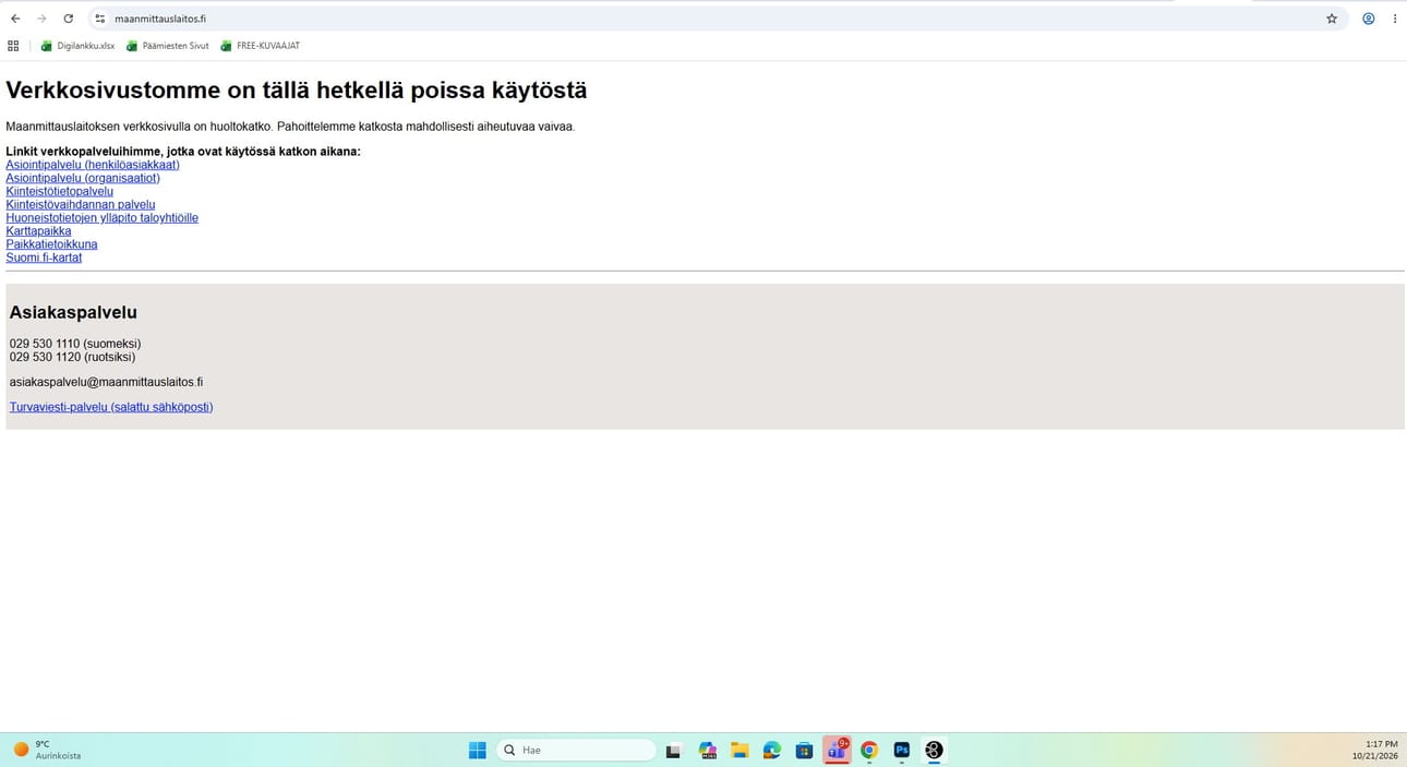 Ruutukaappaus Maanmittauslaitos.fi -sivustosta, joka oli väliaikaisesti poissa käytöstä keskiviikkona. Taustalla oli laajasti käytössä olevasta PHP-ohjelmistosta löydetyt kriittiset haavoittuvuudet.