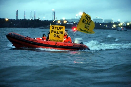 Greenpeace protestoi kumivenein Neste Oilin palmuöljykuljetusta vastaan Kilpilahdessa viime sunnuntaina.