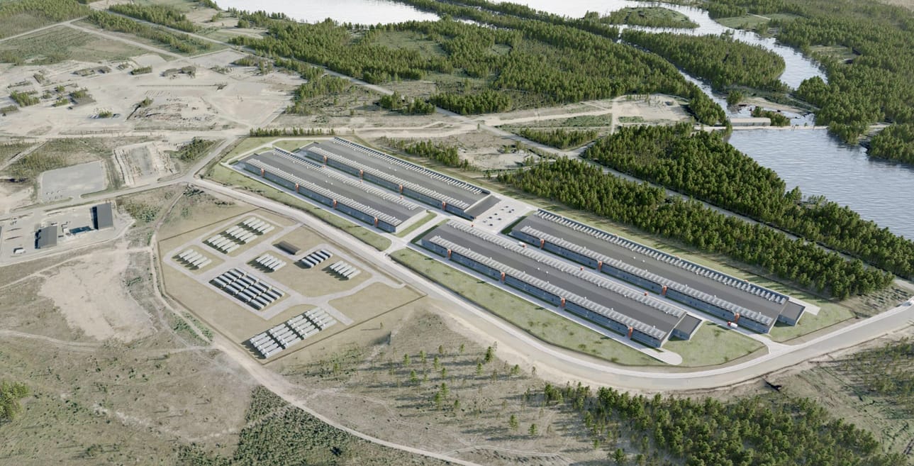 Utajärven datakeskukseen on tulossa neljä konesalia ja sähkövarasto. Havainnekuva Mustikkakankaan teollisuusalueelta.