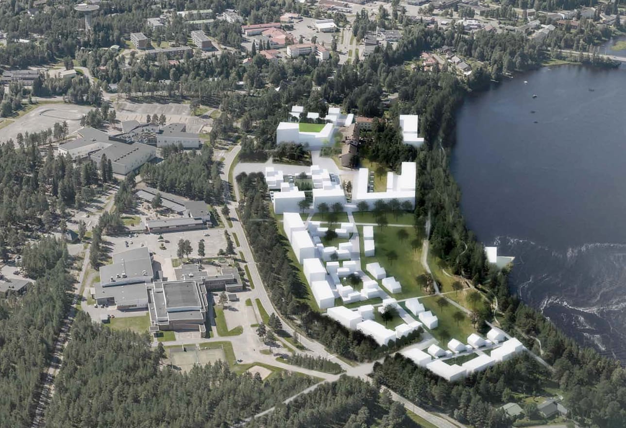 Konsultin luonnostelema havainnekuva luonnostelee, miten uudet asuintalot voitaisiin sijoittaa nykyiselle urheilualueelle.