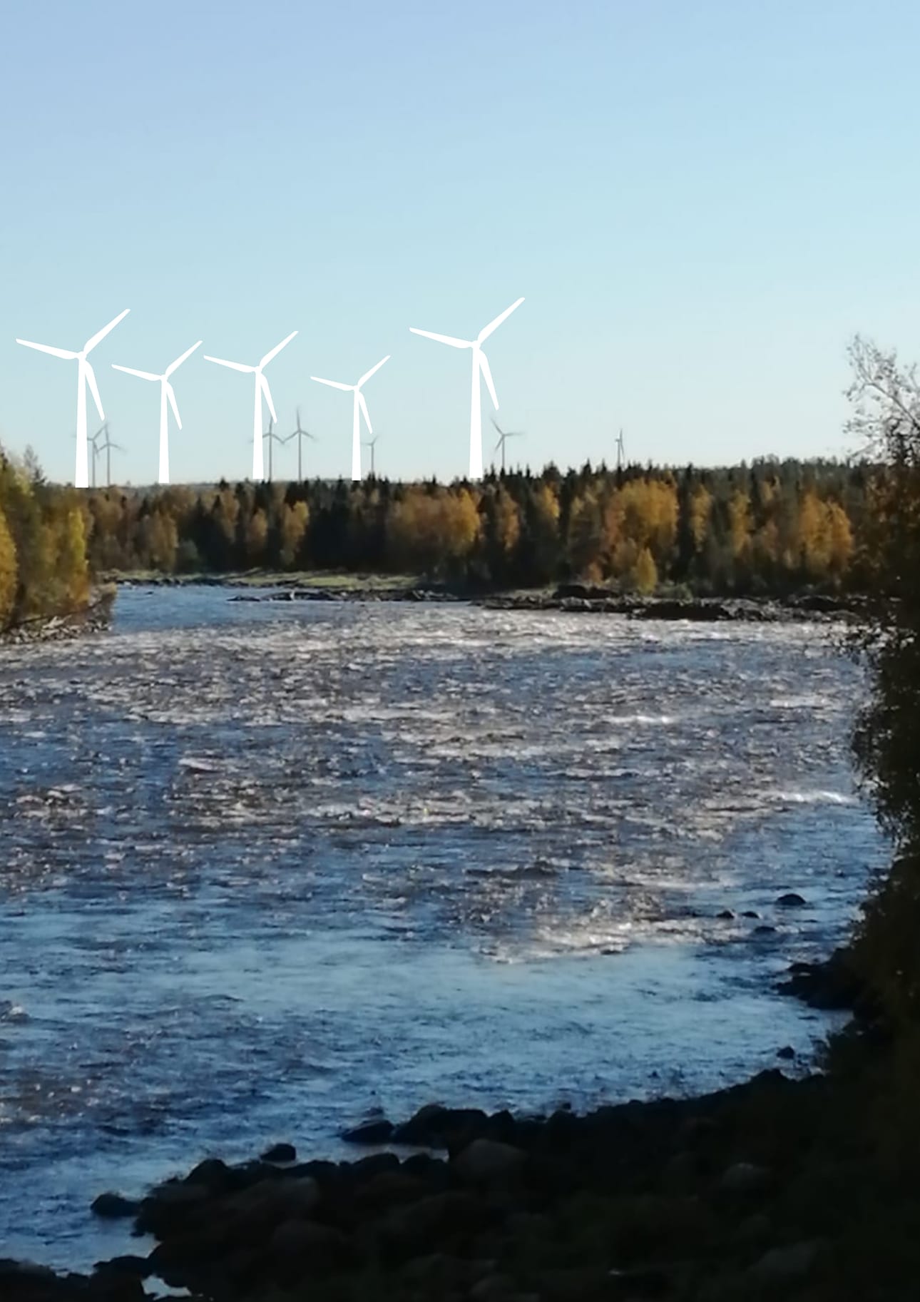 Pro Tornionjokilaakson tekemä havainnekuva, missä avautuu näkymä Övertorneån Vuonnenkoskelta Karhakkamaahan. Etäisyyttä voimaloihin on noin 3,5 kilometriä.