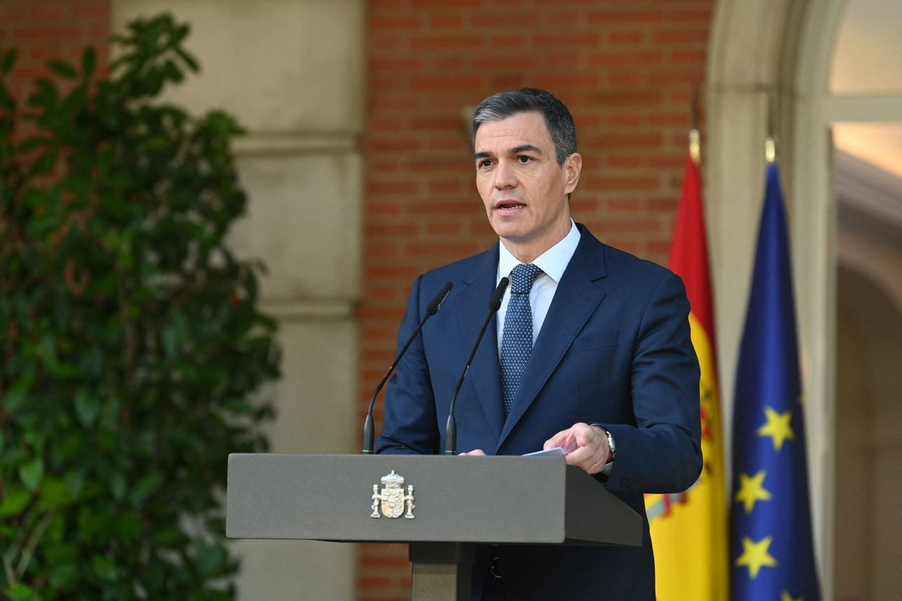 Espanjan pääministeri Pedro Sanchez sanoi Palestiinan tunnustuksen olevan edellytys rauhalle. LEHTIKUVA / AFP