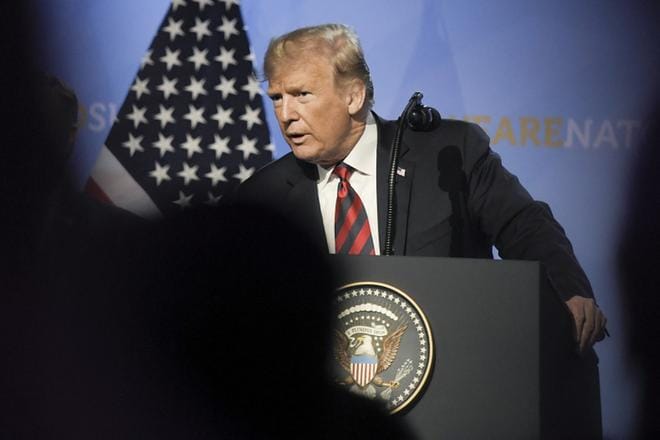 Yhdysvaltojen presidentti Donald Trump piti tiedotustilaisuuden Brysselissä Nato-kokouksen jälkeen.