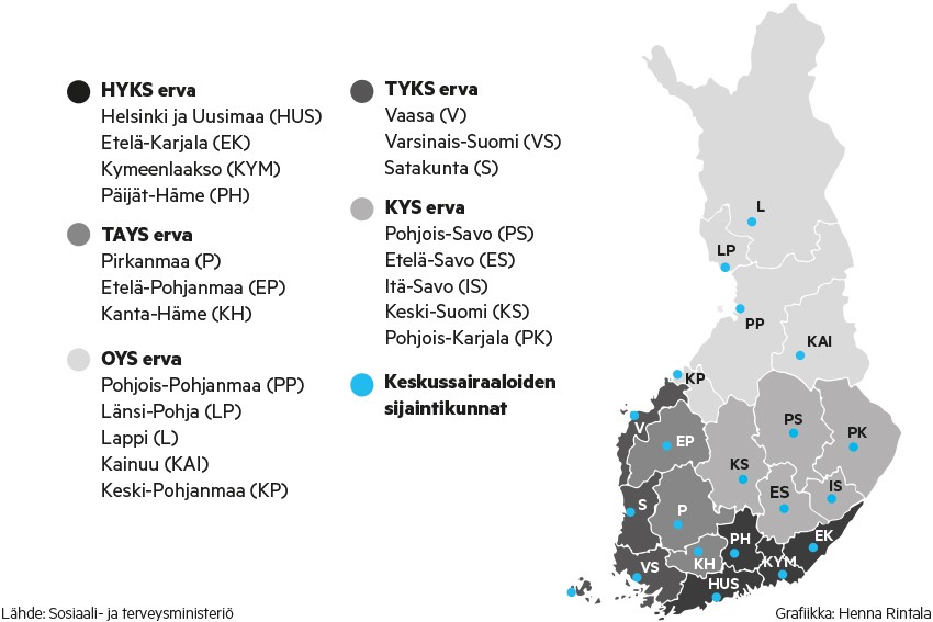 Sairaanhoitopiirit noudattavat lähes täysin maakuntajakoa. Poikkeuksena ovat Länsi-Pohja, joka kuuluu Lapin maakuntaan ja Itä-Savo, joka kuuluu Etelä-Savon maakuntaan.