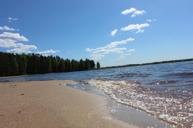 Kuortaneenjärven Kirkkorannassa uimakielto jatkuu, ja lisäksi uimakieltokyltit on viety tänään torstaina niin Salmenrantaan kuin Ruonanrantaan. Kuva: Reijo Heikkilä