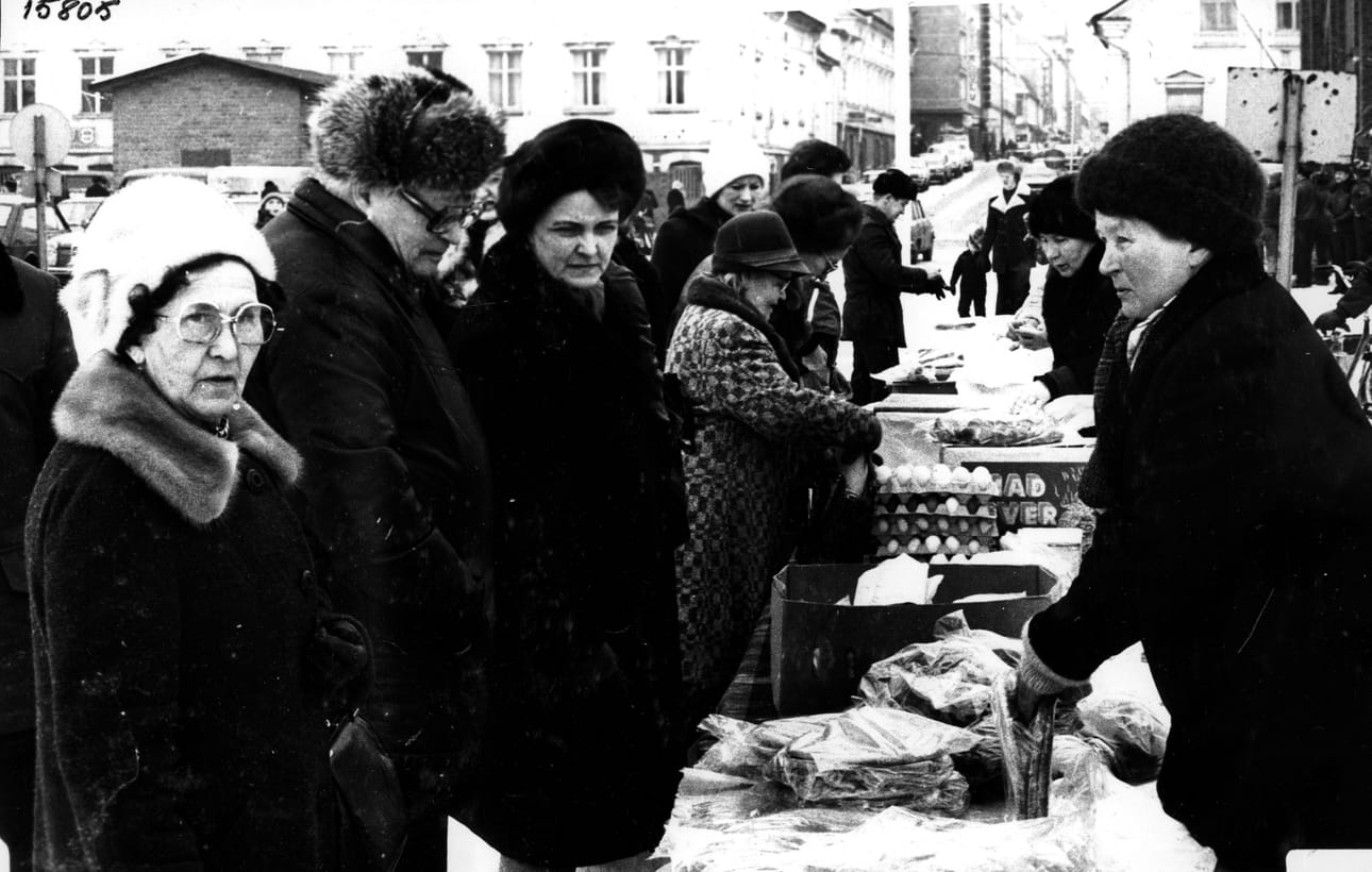 Maaliskuussa 1976 alkanut, huhtikuulle jatkunut Elintarviketyöläisten liiton lakko sai oululaiset ostamaan ruokatavaraa Oulun torilta.