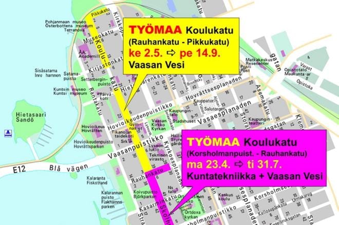 Kartassa on esitetty remonttikohteet. LÄHDE: VAASAN KAUPUNKI