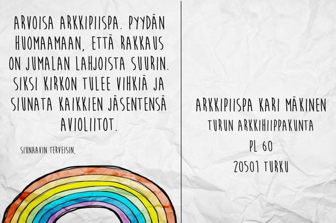 Facebook-ryhmässä jaetaan postikorttipohjia, joita seurakuntalaisten toivotaan lähettävän evankelis-luterilaisen kirkon piispoille. KUVA: Papit tasa-arvoisen kirkollisen vihkimisen puolesta -Facebook-ryhmä