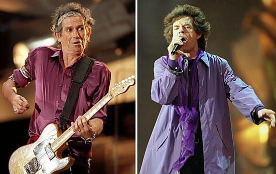 Rolling Stones -yhtyeen voimakaksikko Keith Richards (vas.) sekä Mick Jagger.