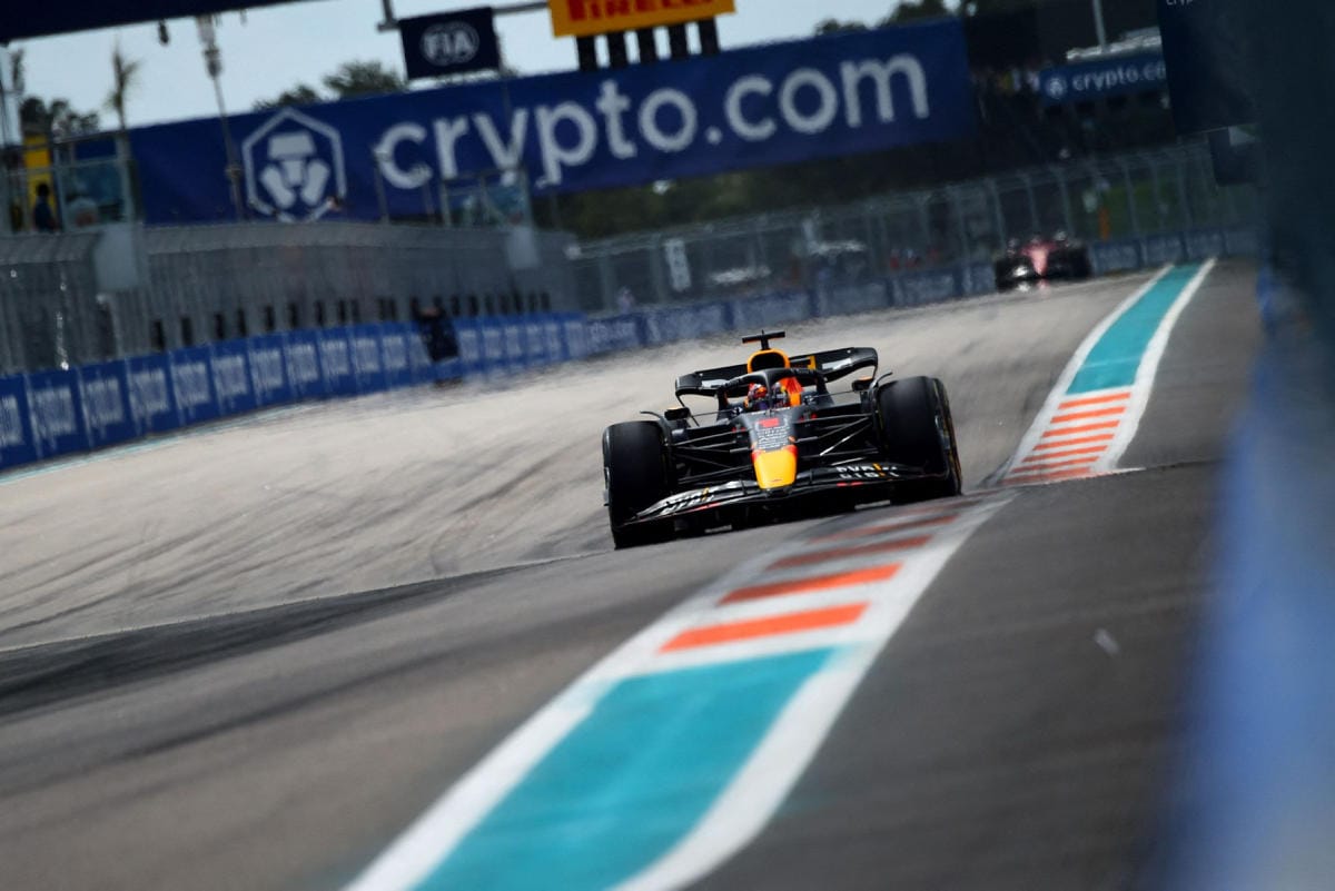 Red Bullin Max Verstappen on voittanut formula ykkösten MM-sarjan Yhdysvaltain gp:n Miamissa. Alfa Romeon Valtteri Bottas ajoi seitsemänneksi. LEHTIKUVA/AFP